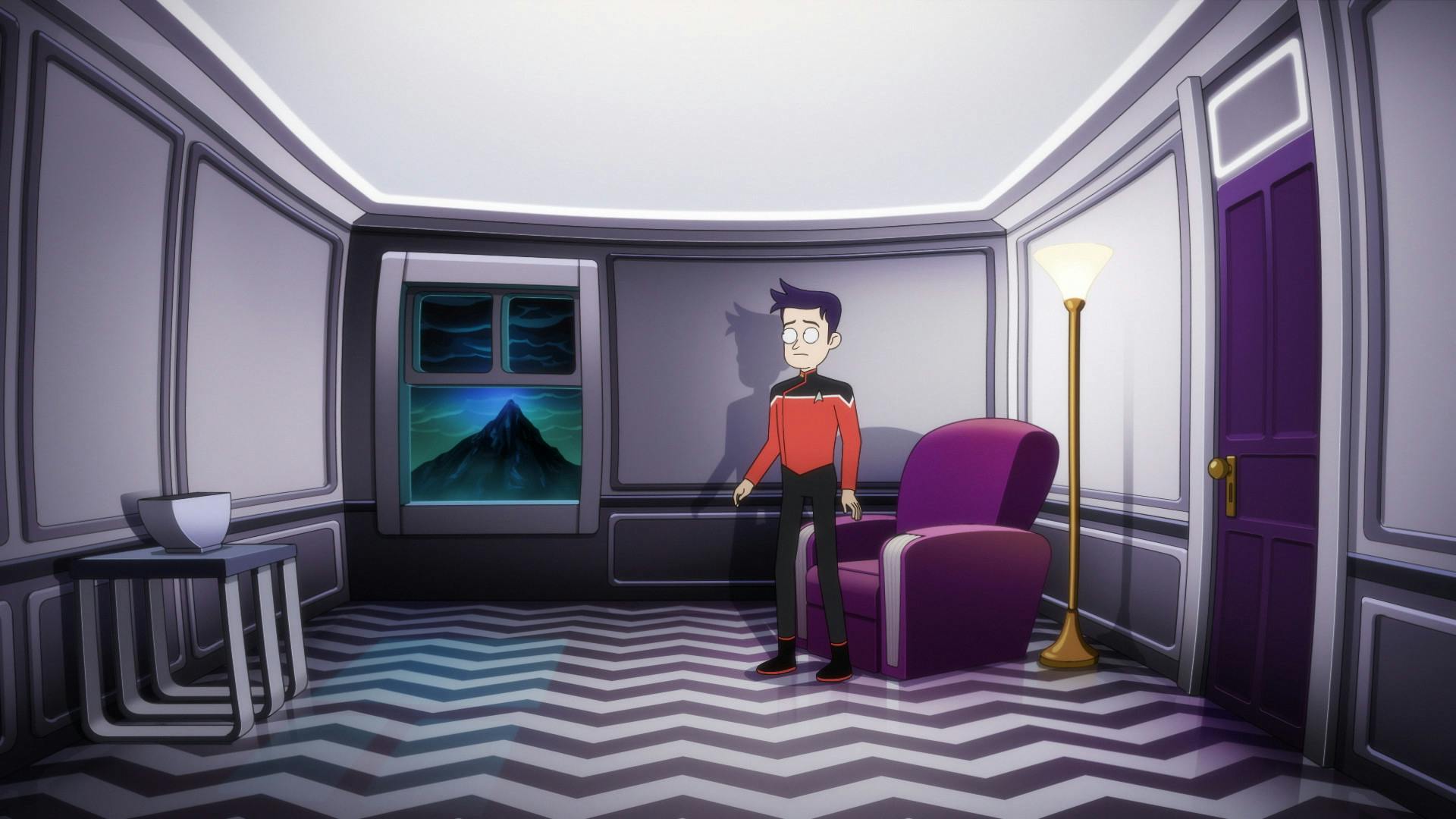 Boimler experiences a near-death experience where he's in a room with an anachronistic lounge chair. As he looks out the window, he sees a turbulent sky and a massive Black Mountain glows in the distance in 'In the Cradle of Vexilon'