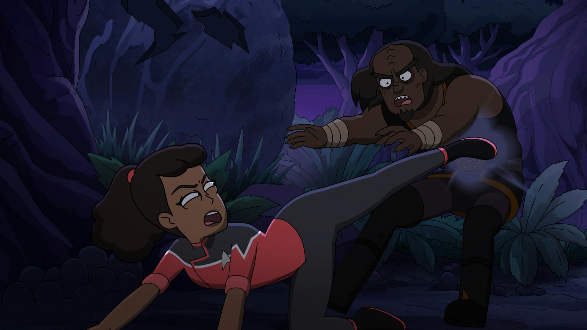 Mariner roundhouse kicks the Klingon Ma'ah while both are marooned on Sherbal V in 'The Inner Fight'