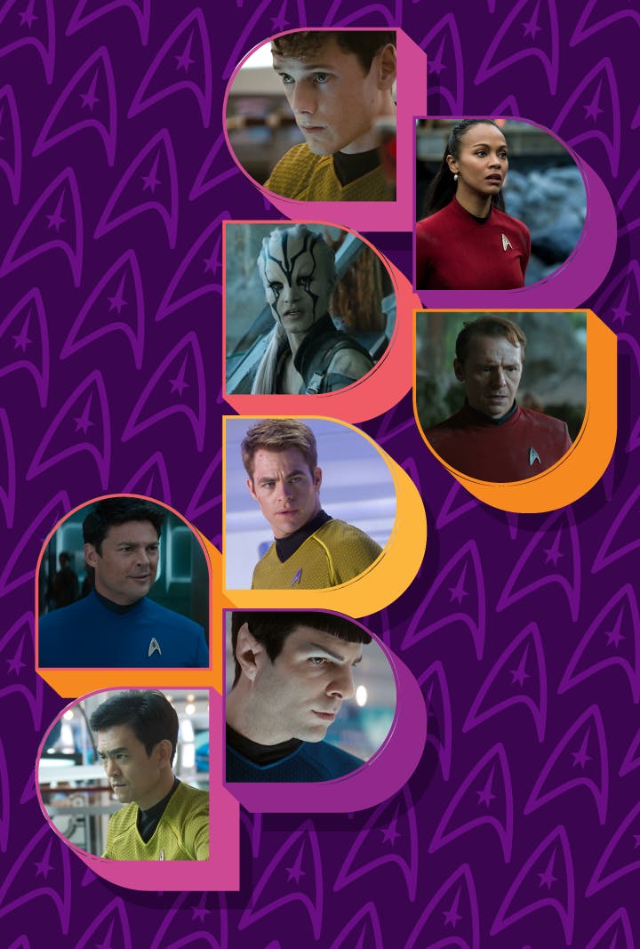 Collage of Kelvin Timeline characters (Chekov, Uhura, McCoy, Kirk, Jaylah, Scotty, Sulu, and Spock)