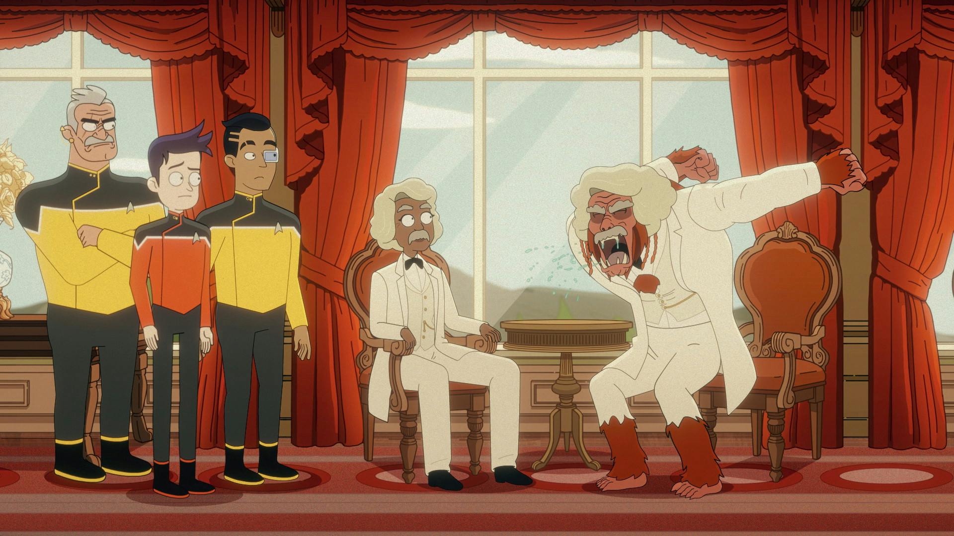 In a holo-simulation, Shaxs, Boimler, and Rutherford observe as Freeman and Coqquor in twin Mark Twain costumes try to come to an agreement in 'Something Borrowed, Something Green'