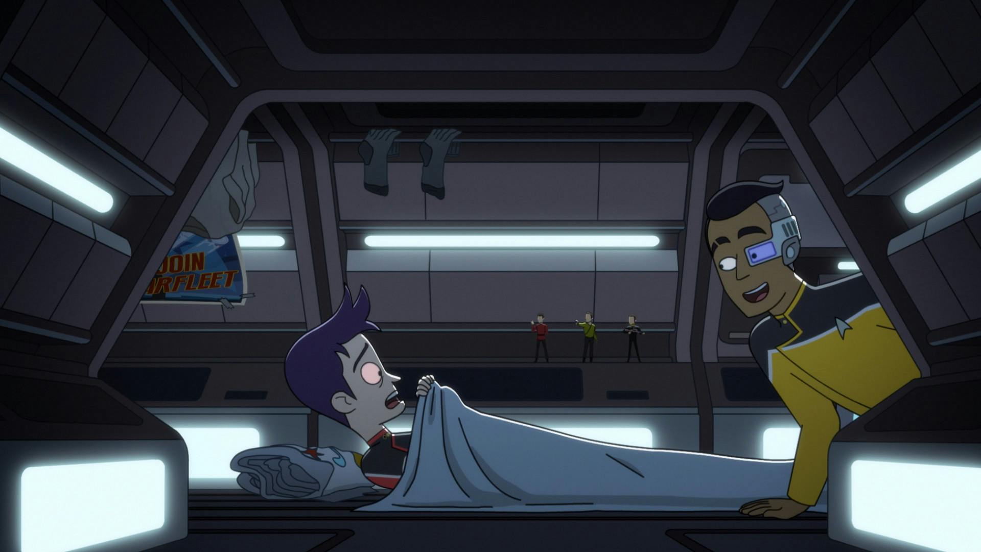 Boimler sets up a makeshift quarters and tries to sleep surrounded by his belongings in a Jeffries tube as Rutherford stumbles upon the scene in 'I Have No Bones Yet I Must Flee'