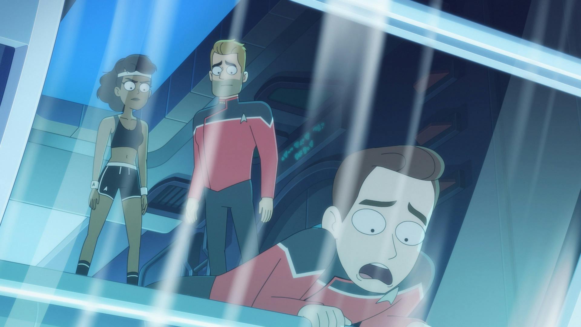 Gary, laying on the floor, with a look of fear on his face as Mariner and Ransom stand behind him looking at him with disapproval, as seen in Star Trek: Lower Decks 402 'I Have No Bones Yet I Must Flee'