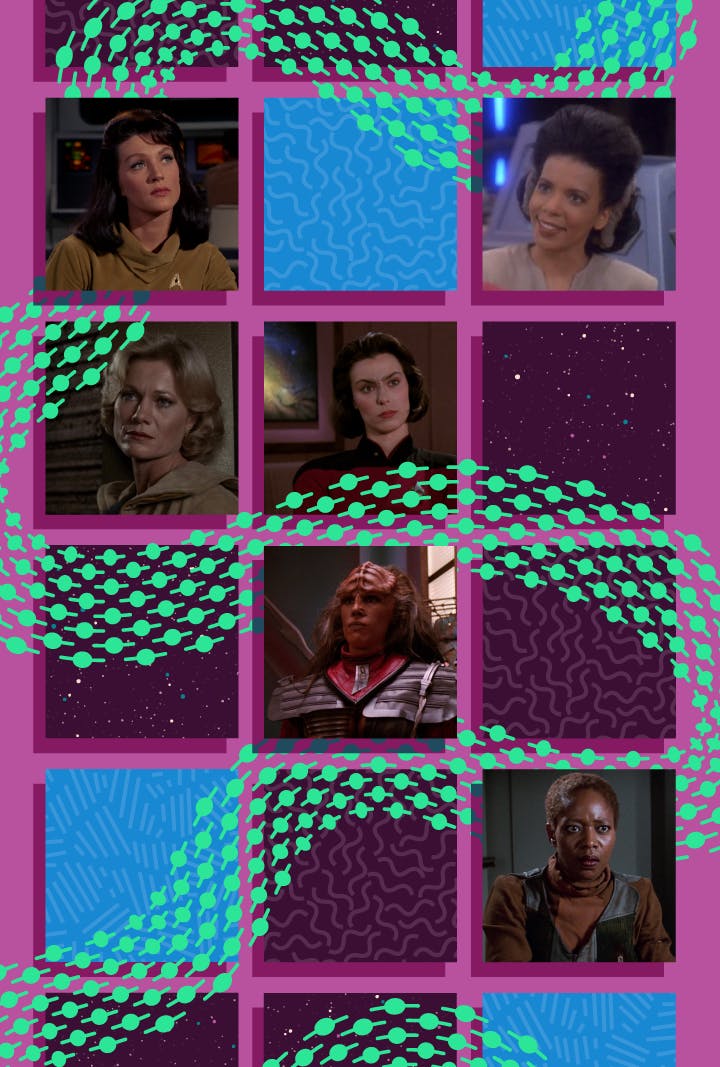 Illustrated collage featuring Star Trek's Number One, Kasidy Yates, Carol Marcus, Ro Laren, Lursa, and Lily Sloane