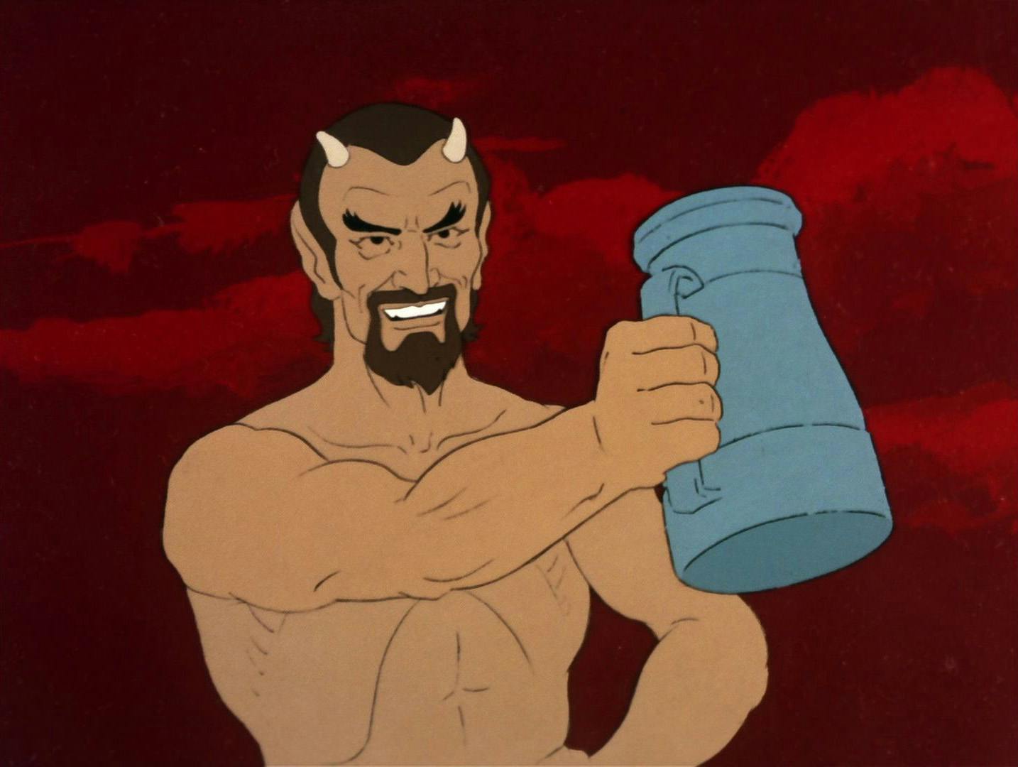 After Kirk defends Lucien aka Lucifer from the Megans, they're all granted their freedom. To celebrate, Lucien lifts up a stein to toast to their new friendship in 'The Magicks of Megas-Tu'