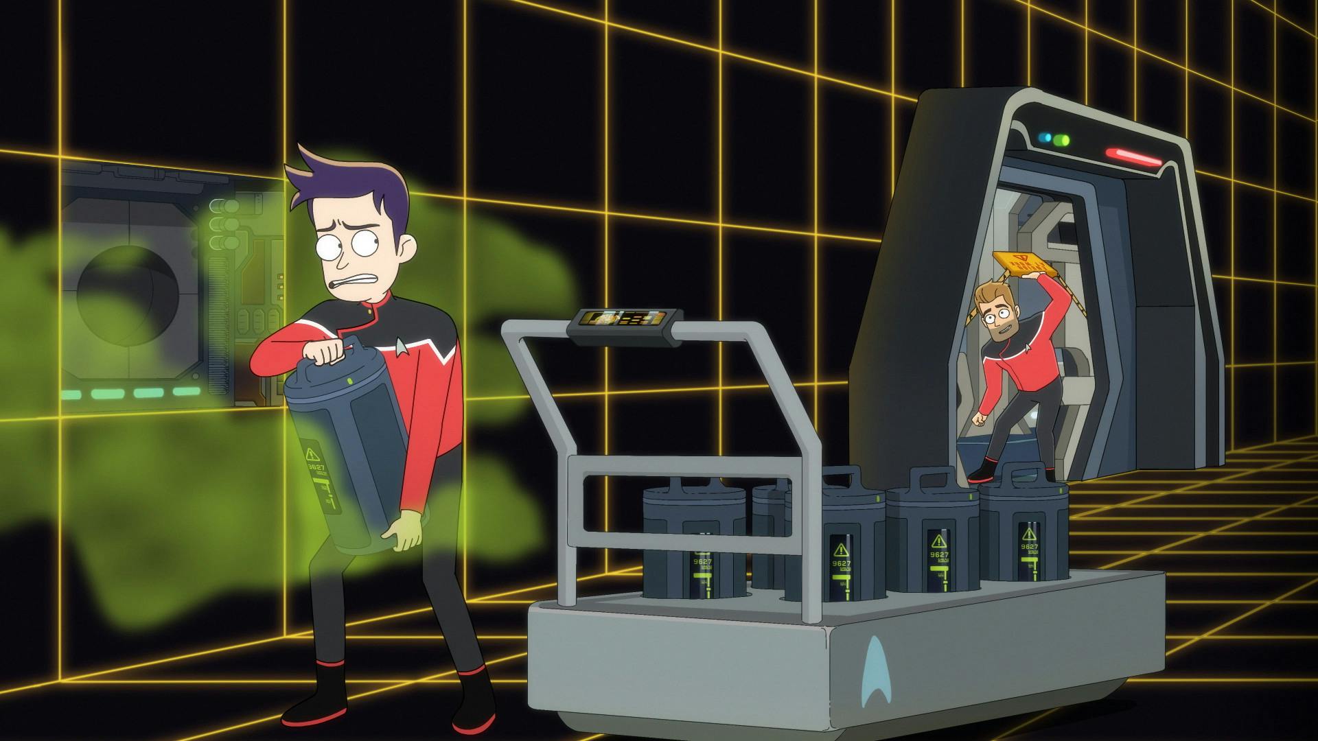 Boimler doing waste removal as Ransom enters the holodeck, as seen in Star Trek: Lower Decks 401 'Twovix'