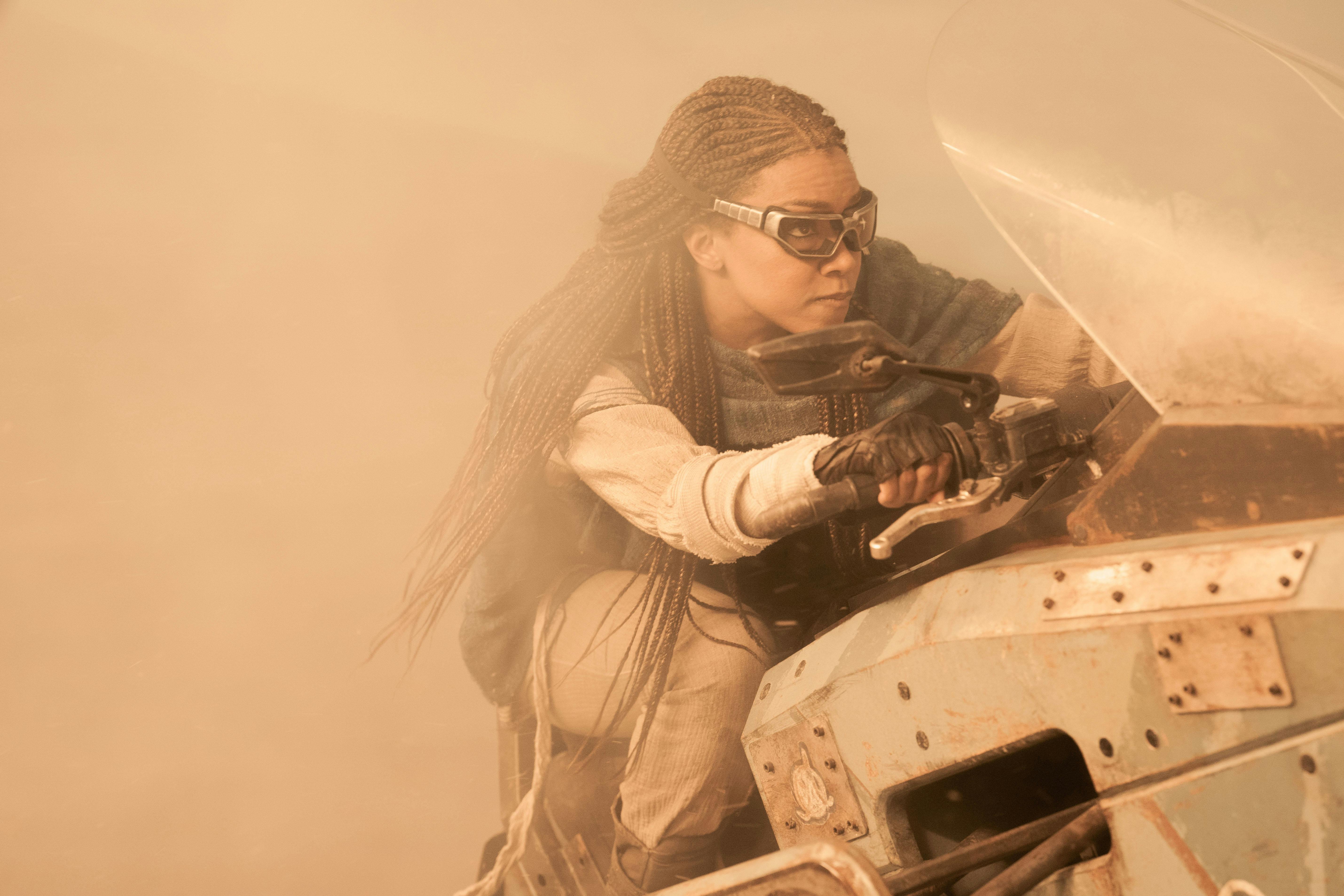 Burnham on hot pursuit on a cruiser in a dusty environment in a first look at Star Trek: Discovery Season 5 