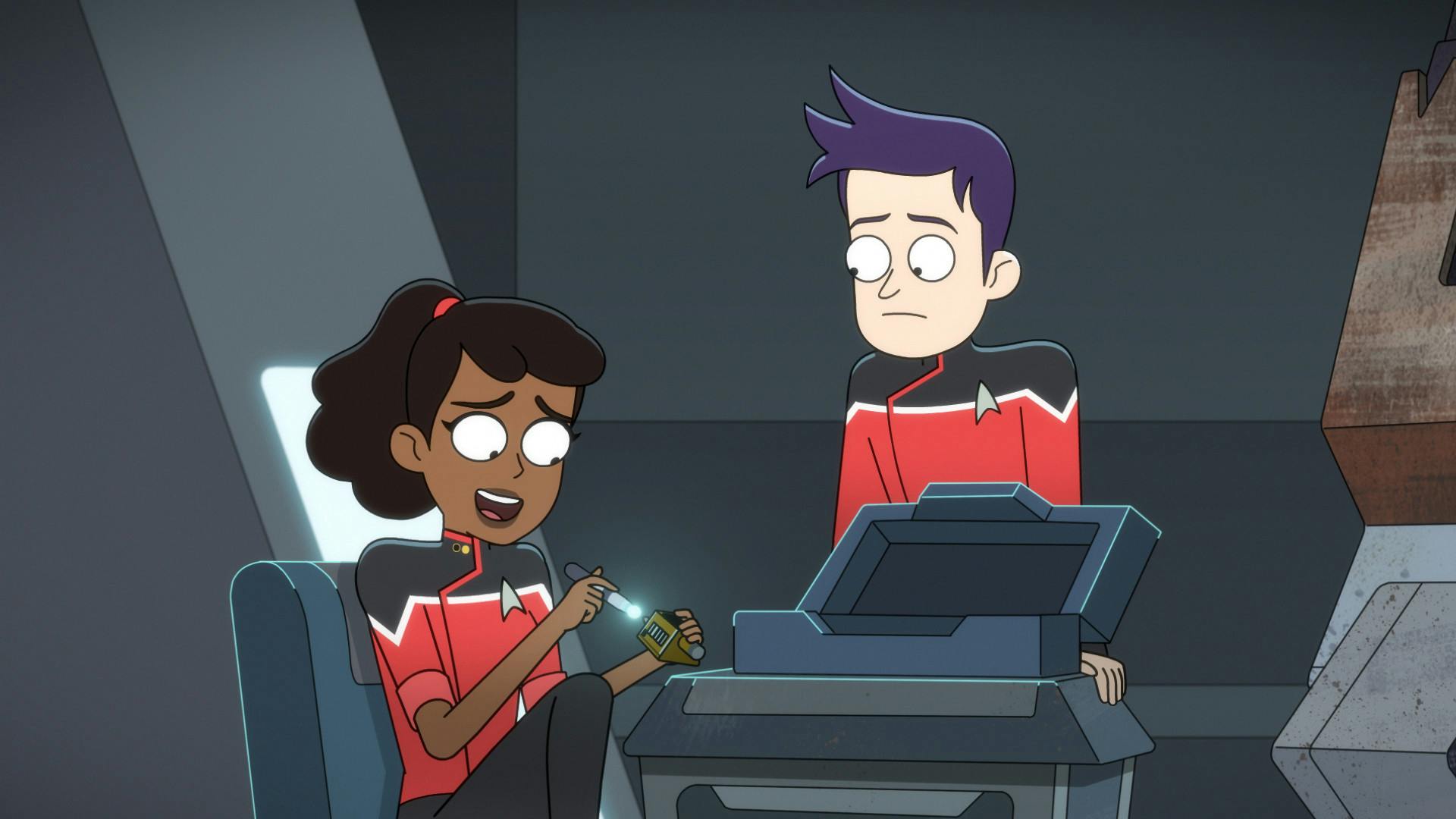 In the repair bay, Boimler watches as Mariner tinkers with some stembolt tech in 'Parth Ferengi's Heart Place'