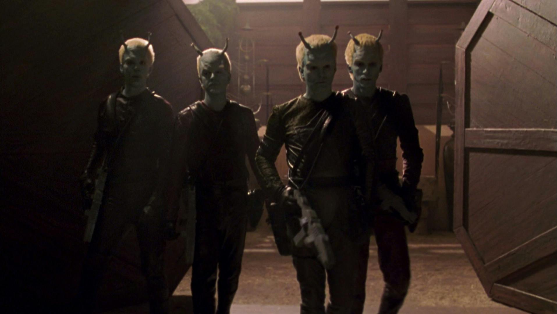 Four Andorians emerge with phaser rifles at their sides in 'The Andorian Incident'