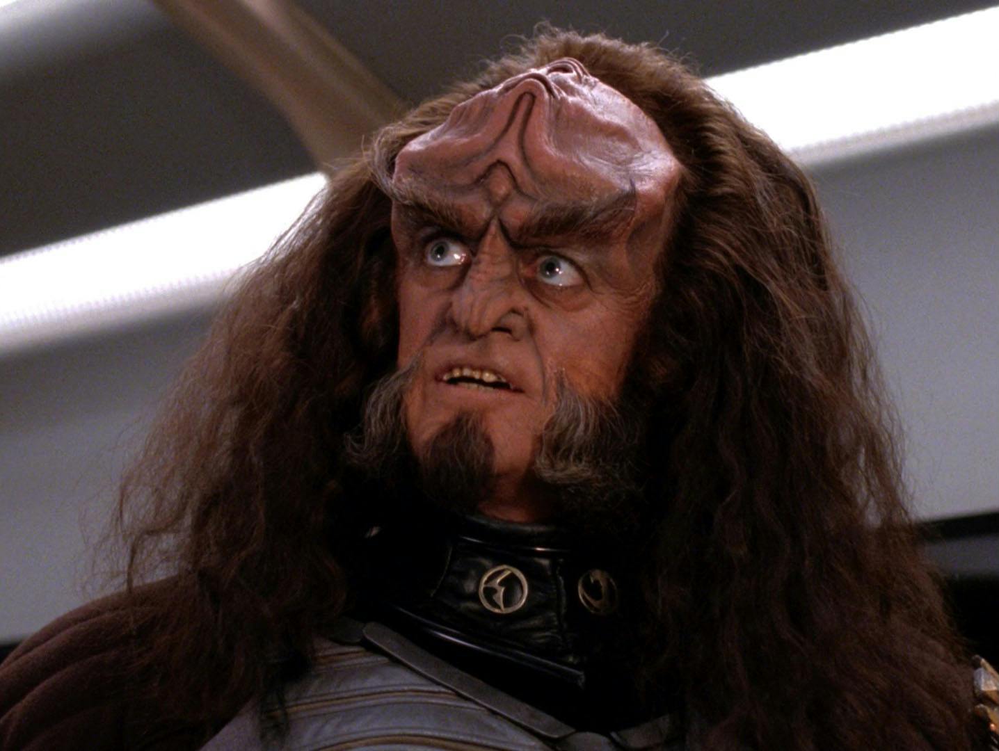 Gowron beams aboard the Enterprise-D untrusting of the returned Kahless (clone) in 'Rightful Heir'