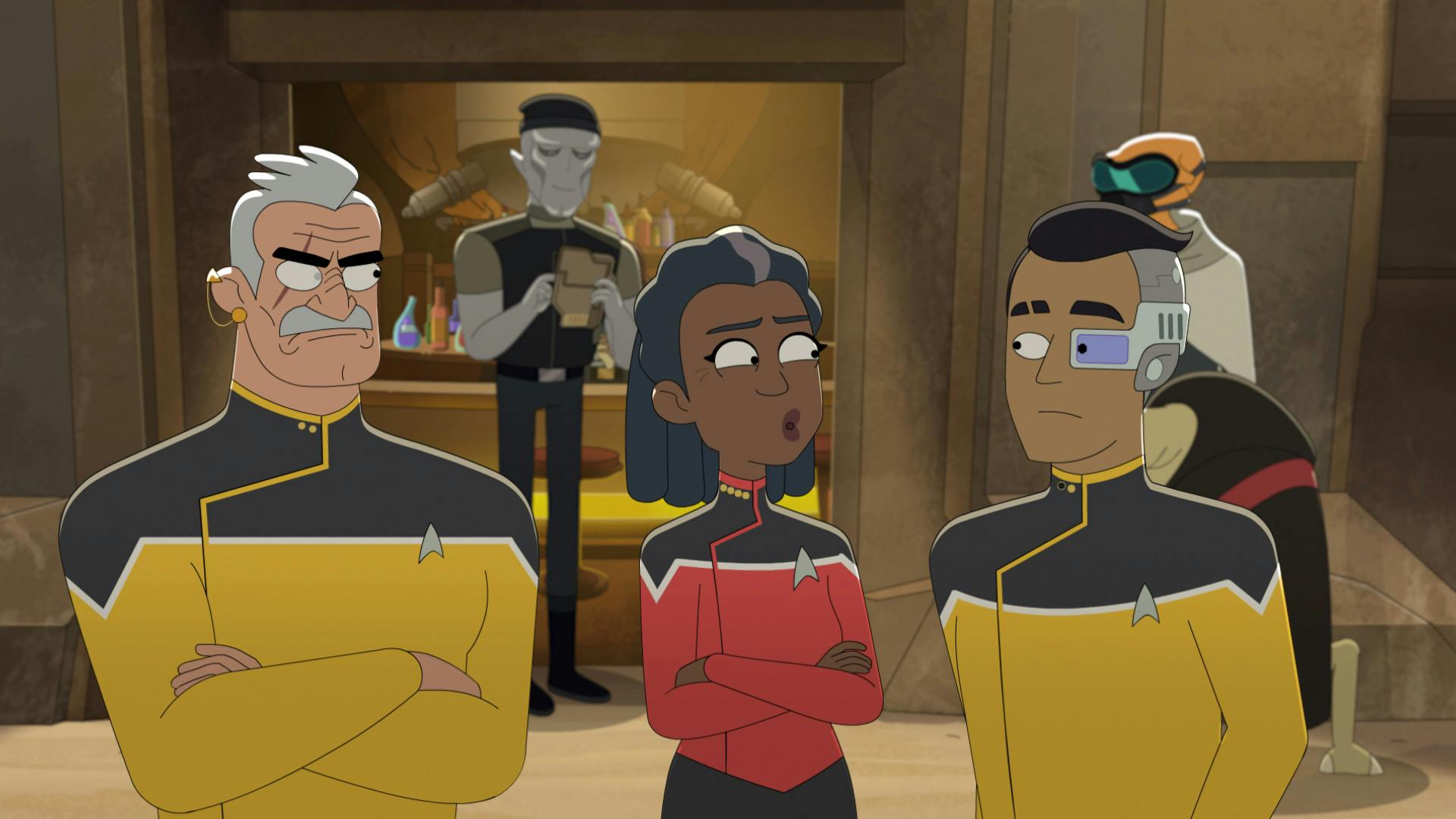 In front of Mudd's Outpost, blocked by an alien bouncer, Shax and Captain Freeman both with their arms crossed in front of them, look over towards Rutherford in 'The Inner Fight'