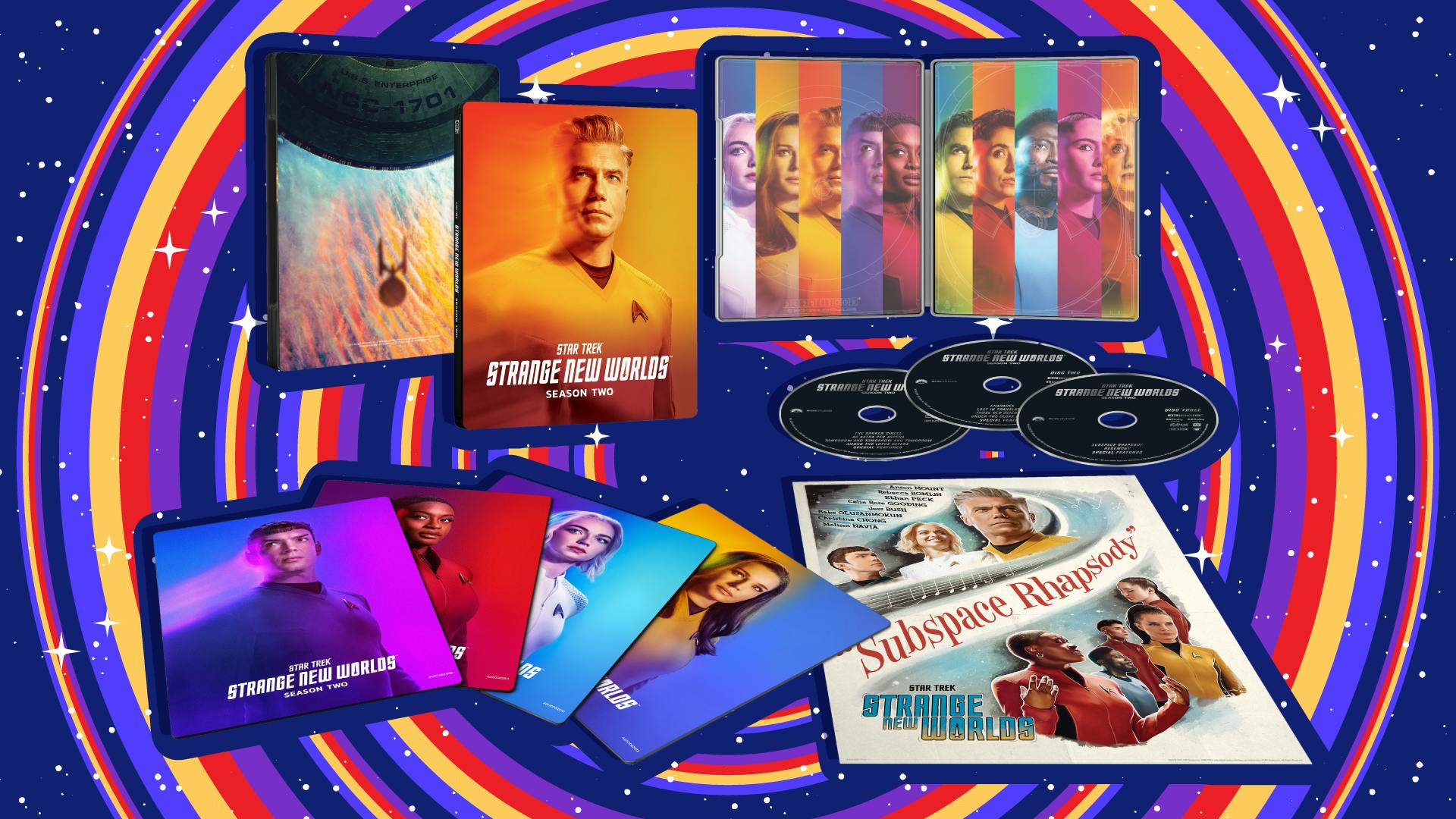Stylized image of the Star Trek: Strange New Worlds Season 2 home entertainment release with its exclusive bonus items