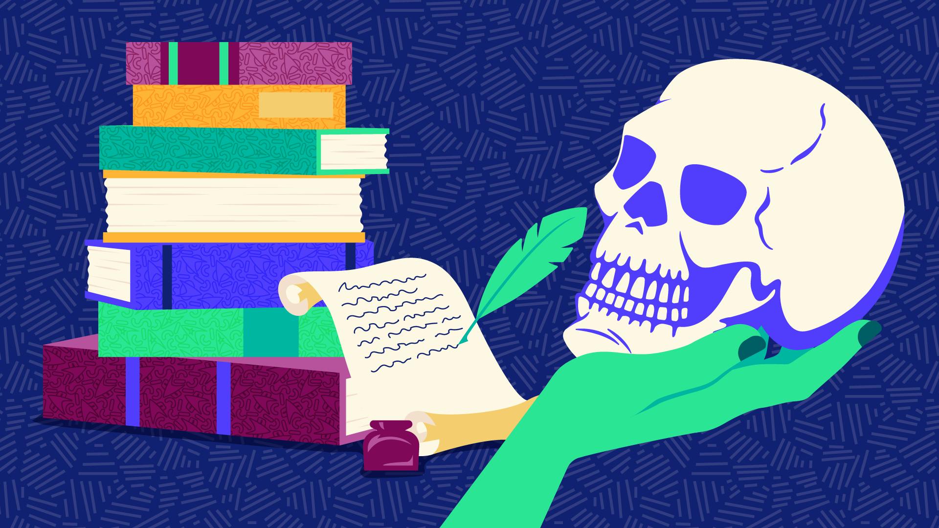 Illustration of a stack of books, a bottle of ink, a quill, parchment, and a hand holding a skull