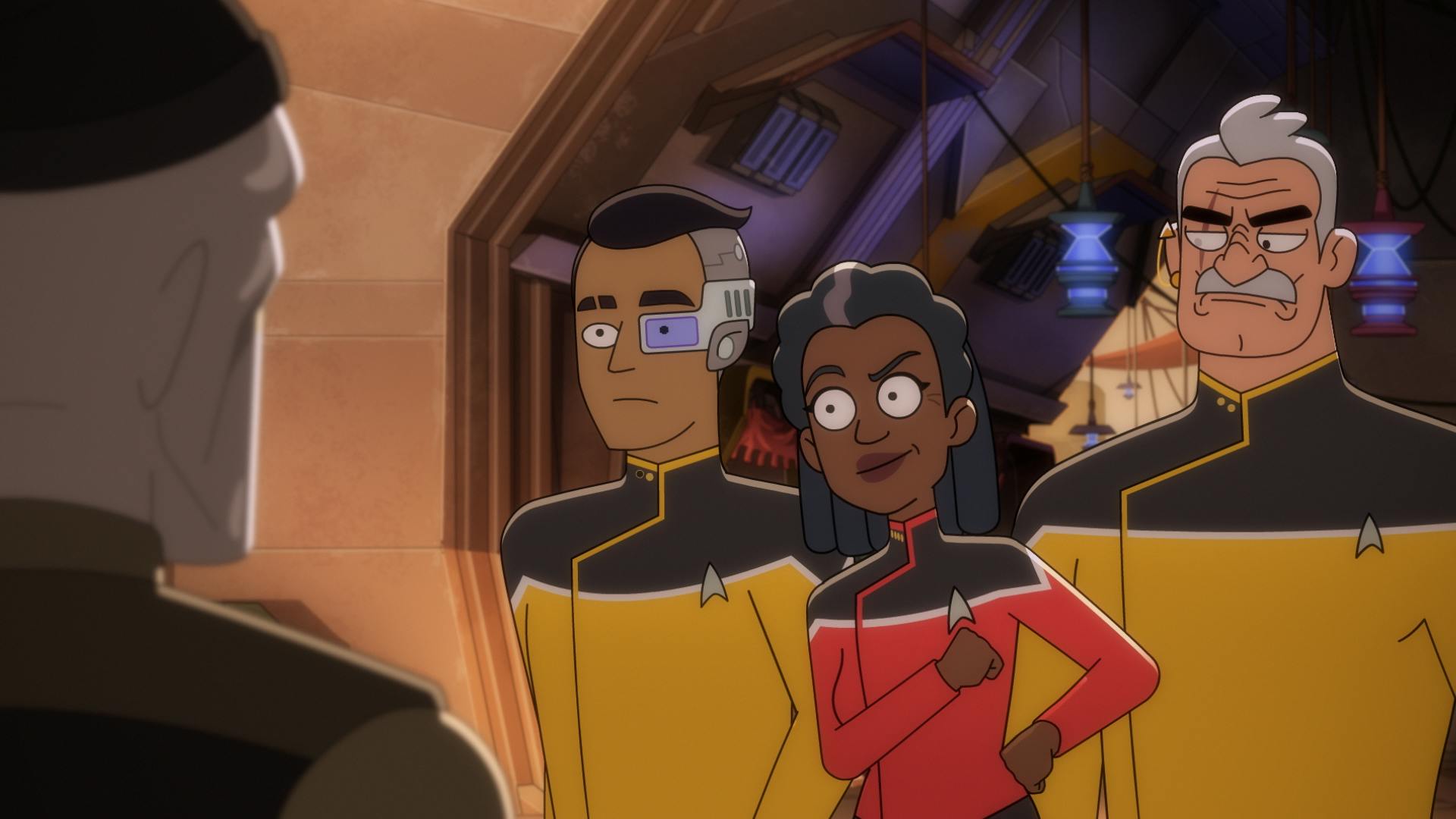 star trek enterprise movie cast Rutherford, Captain Freeman, and Shaxs approach Mudd's Outpost as the bar's bouncer stands between them and the entrance in 'The Inner Fight'