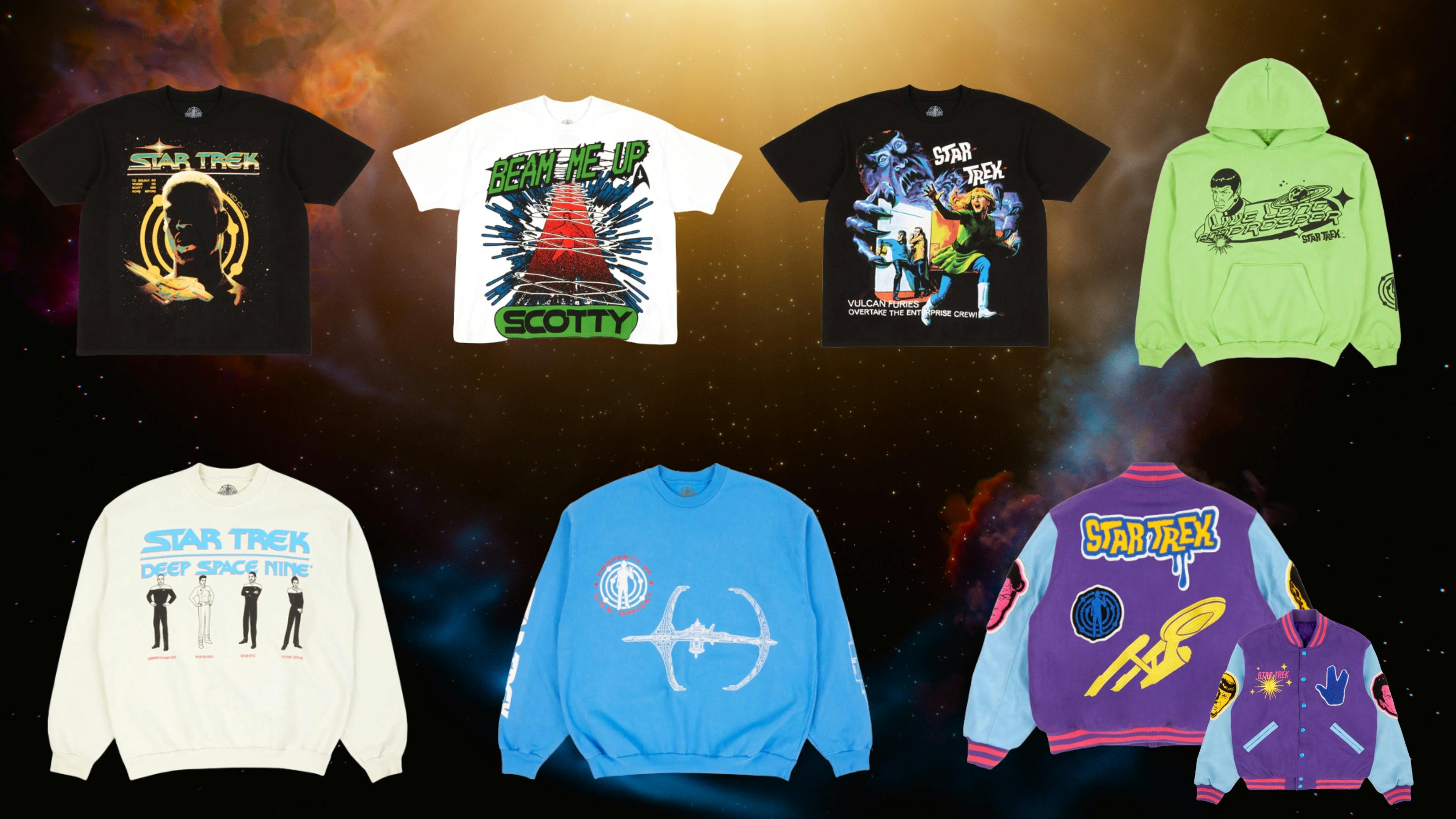 Star Trek x Kid Cudi 'Boldly Be' Streetwear Collection including three tees, two crew necks, one hoodie, and one varsity jacket
