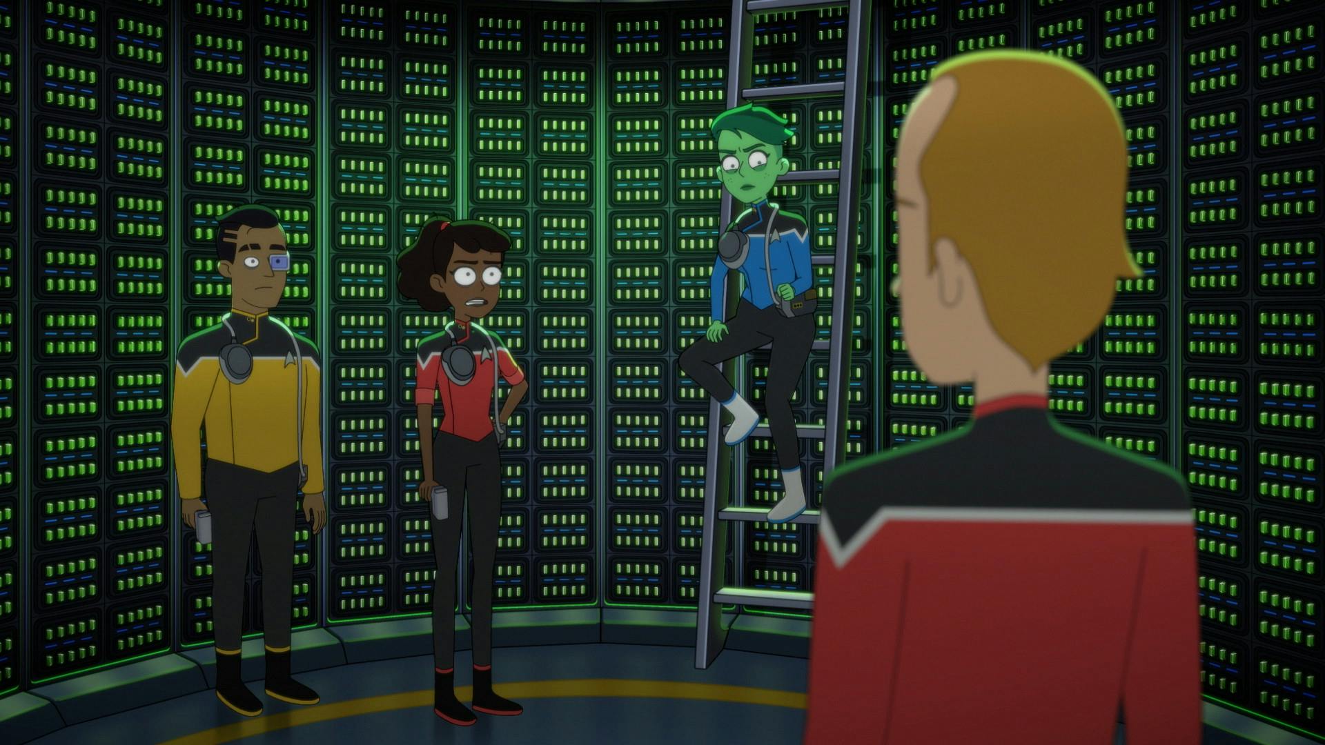 In the Cerritos' Isolinear Chip Junction Room, the exhausted Rutherford, Mariner, and Tendi, who is standing on a sliding ladder, look over at Dirk in 'In the Cradle of Vexilon'