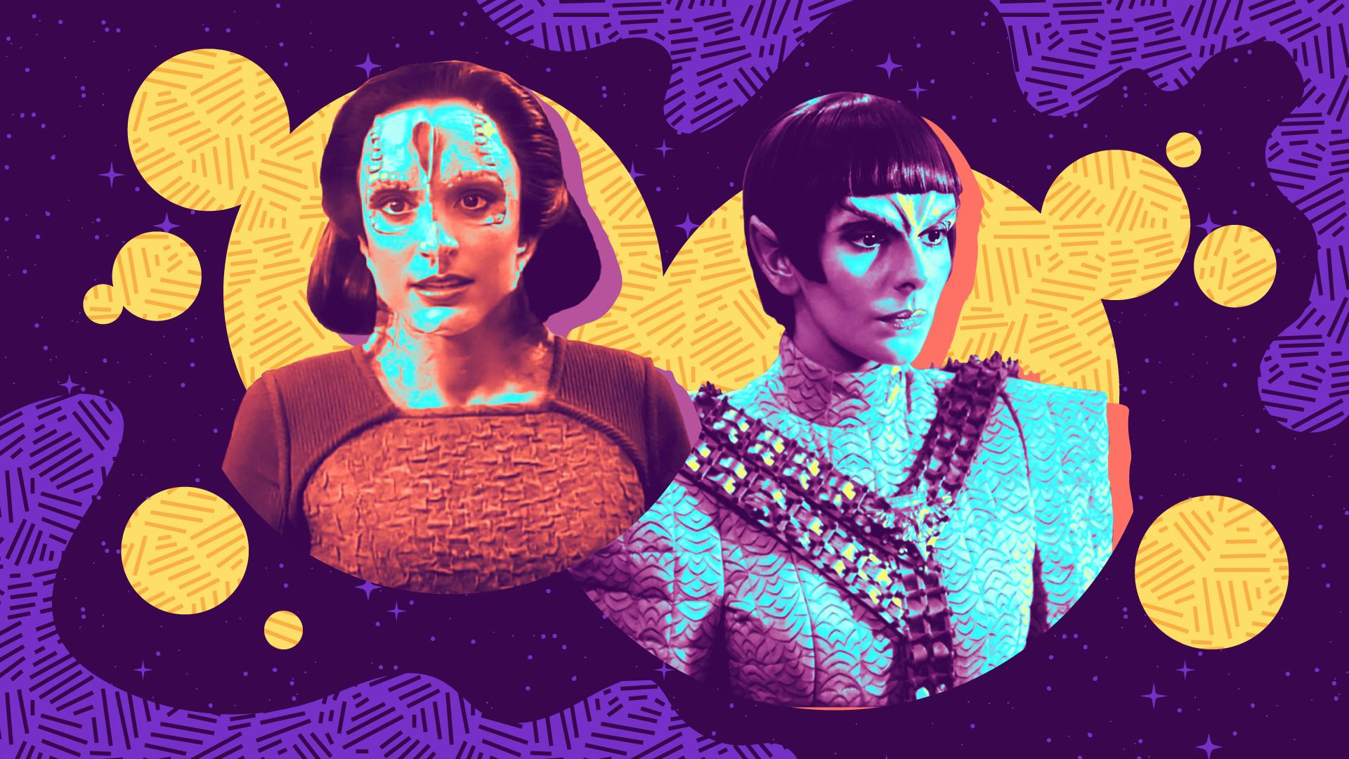 Illustrated banner featuring stylized images of Major Kira as a Cardassian and Counselor Deanna Troi as a Romulan
