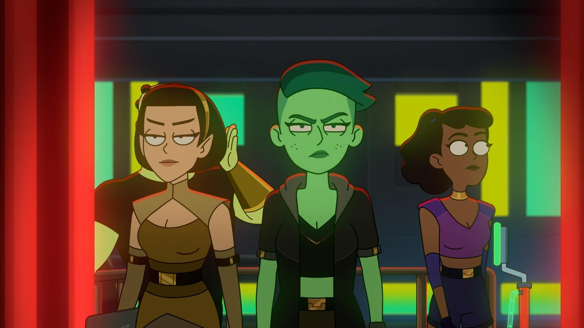 T'Lyn, Tendi, and Mariner in their best Orion wear enter the Slit Throat Nightclub in 'Something Borrowed, Something Green'