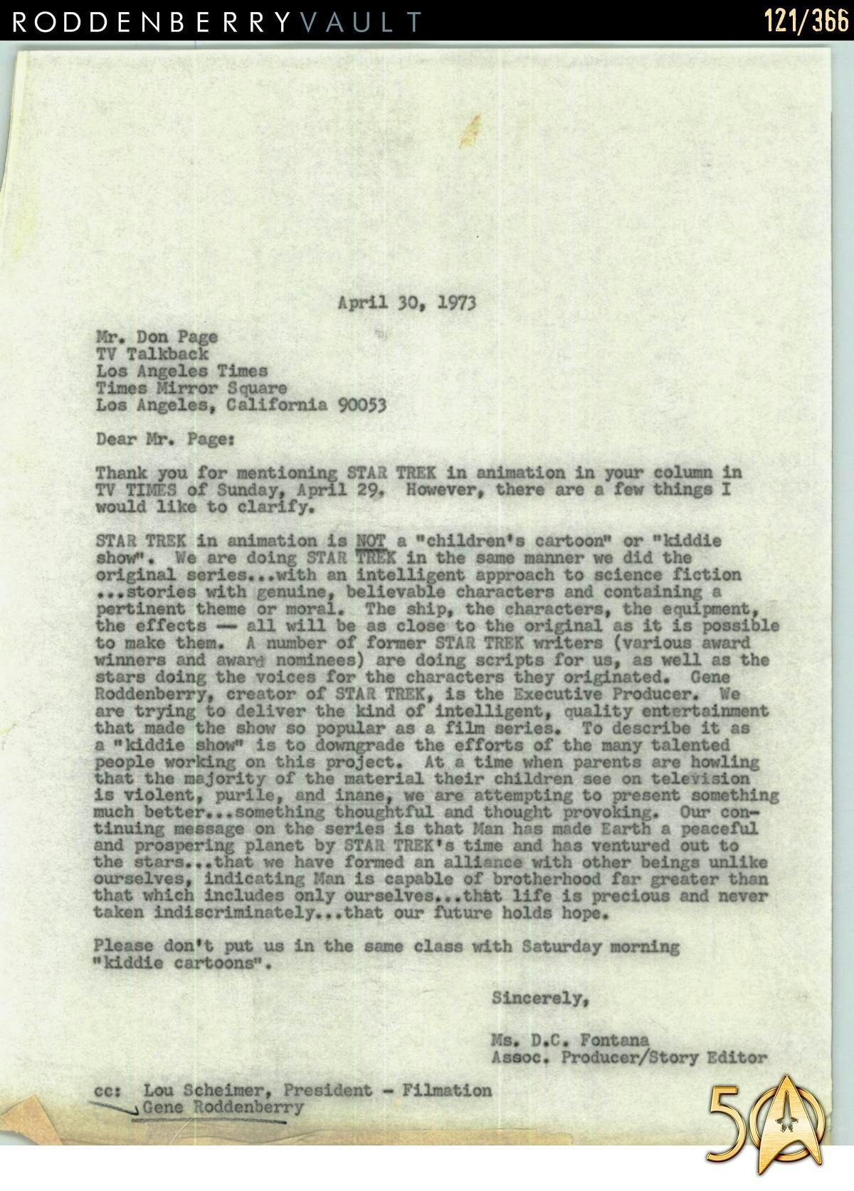 From the Roddenberry 366 Vault - The Animated Series - D.C. Fontana's correspondence letter to the LA Times about the tone of the series