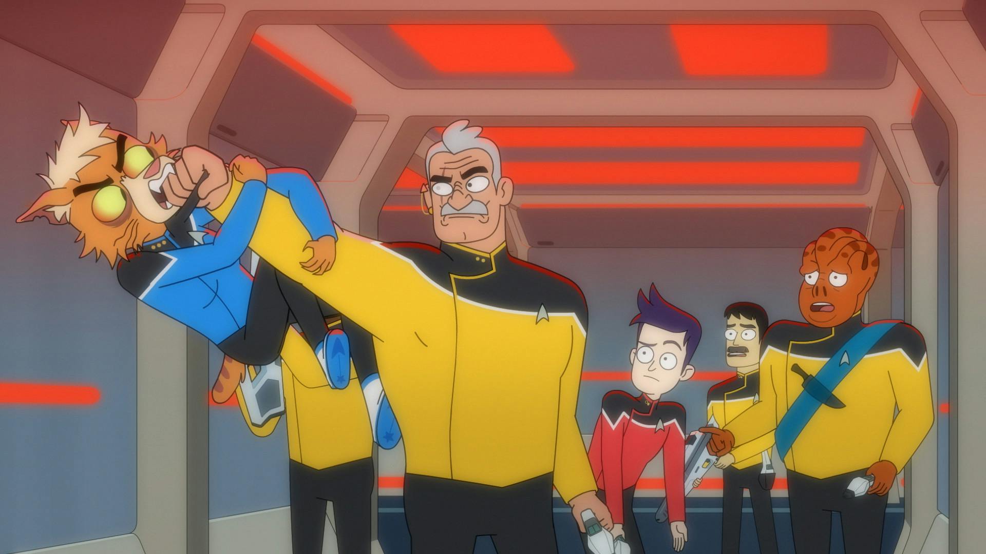 The security team rushes down the Cerritos' hallway rounding the corner to discover an affected Dr. T'Ana scratching and biting Shaxs as he holds her at an arm's length in 'Empathalogical Fallacies'