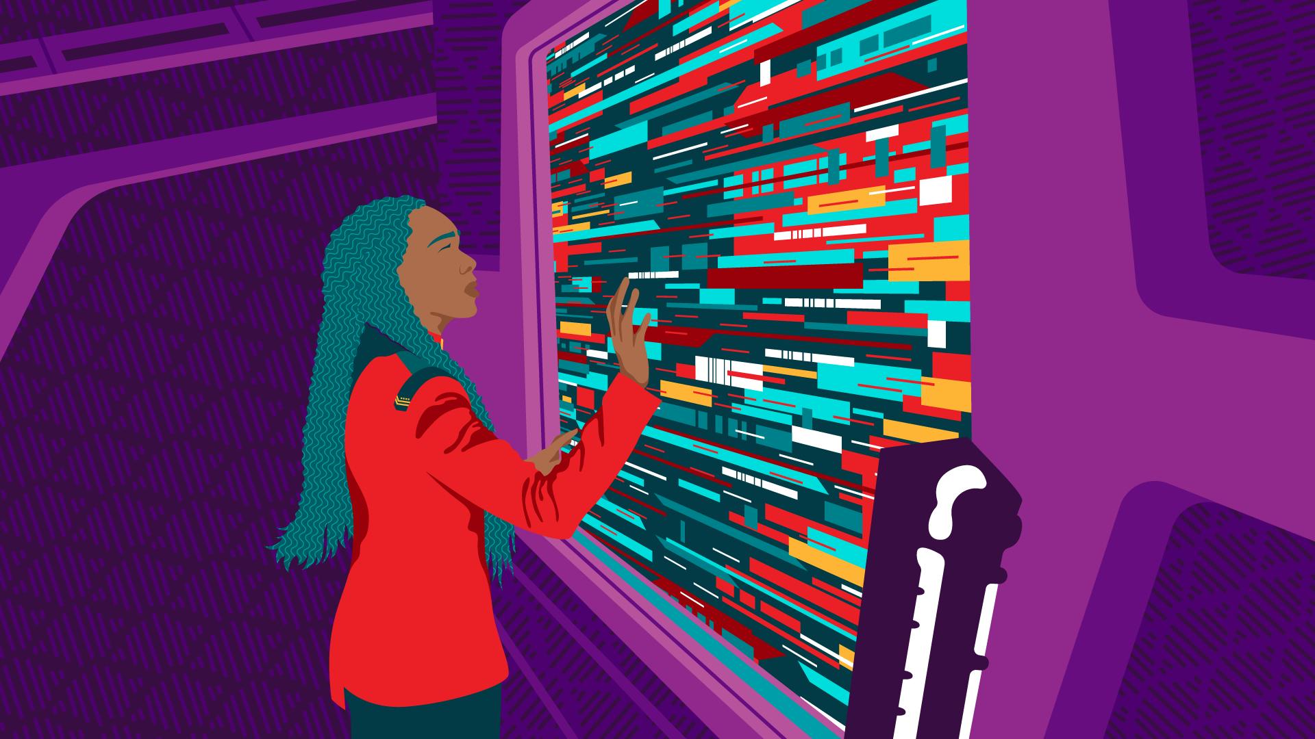 Graphic illustration of Burnham touching a glitchy monitor in 'Face the Strange'