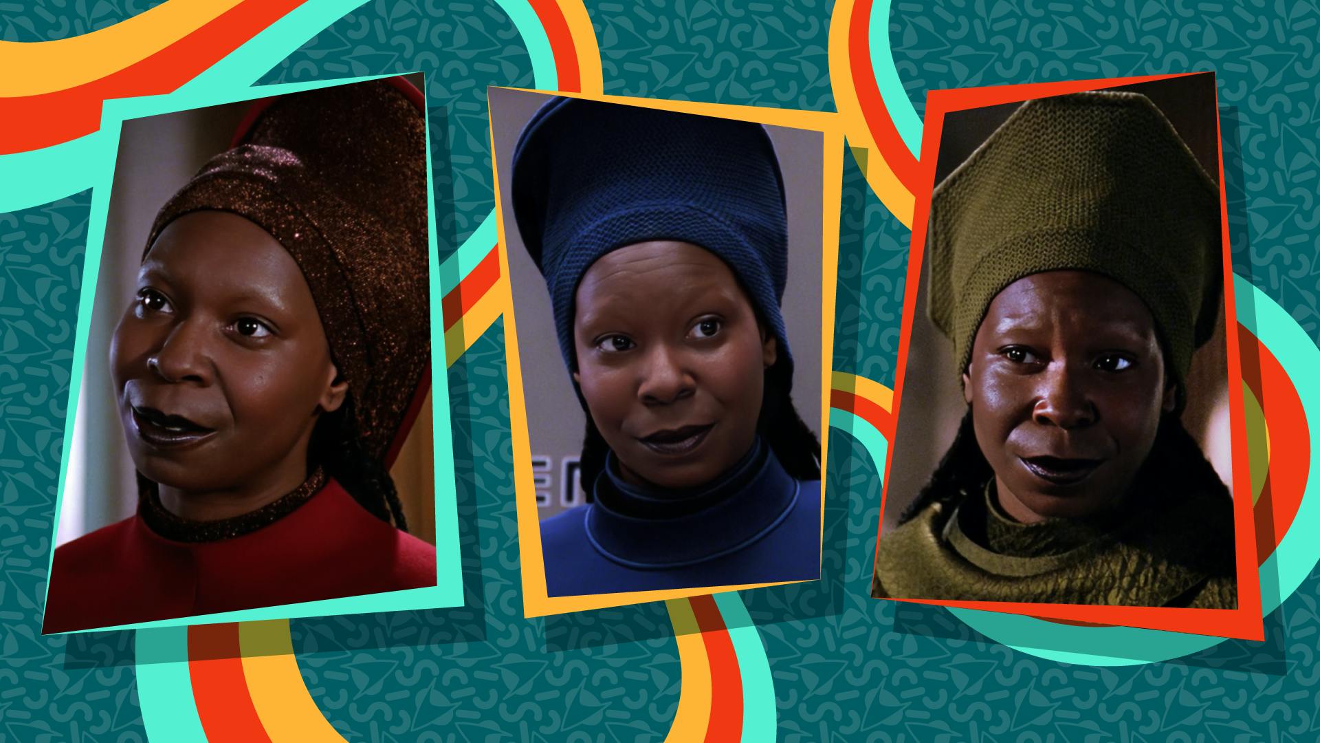 Illustrated triptych featuring three Guinan episodic stills from Star Trek: The Next Generation