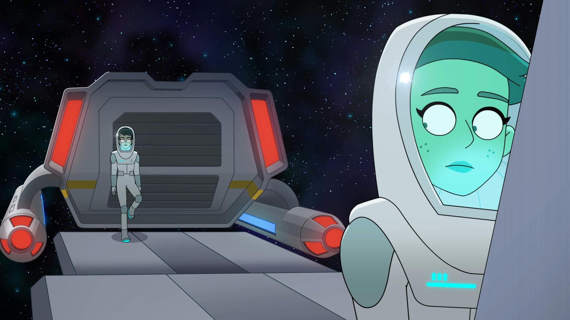 Tendi in a space EV suit repairs an open hatch on a space buoy and looks over her shoulder towards a bored Mariner leaning against their parked shuttlecraft