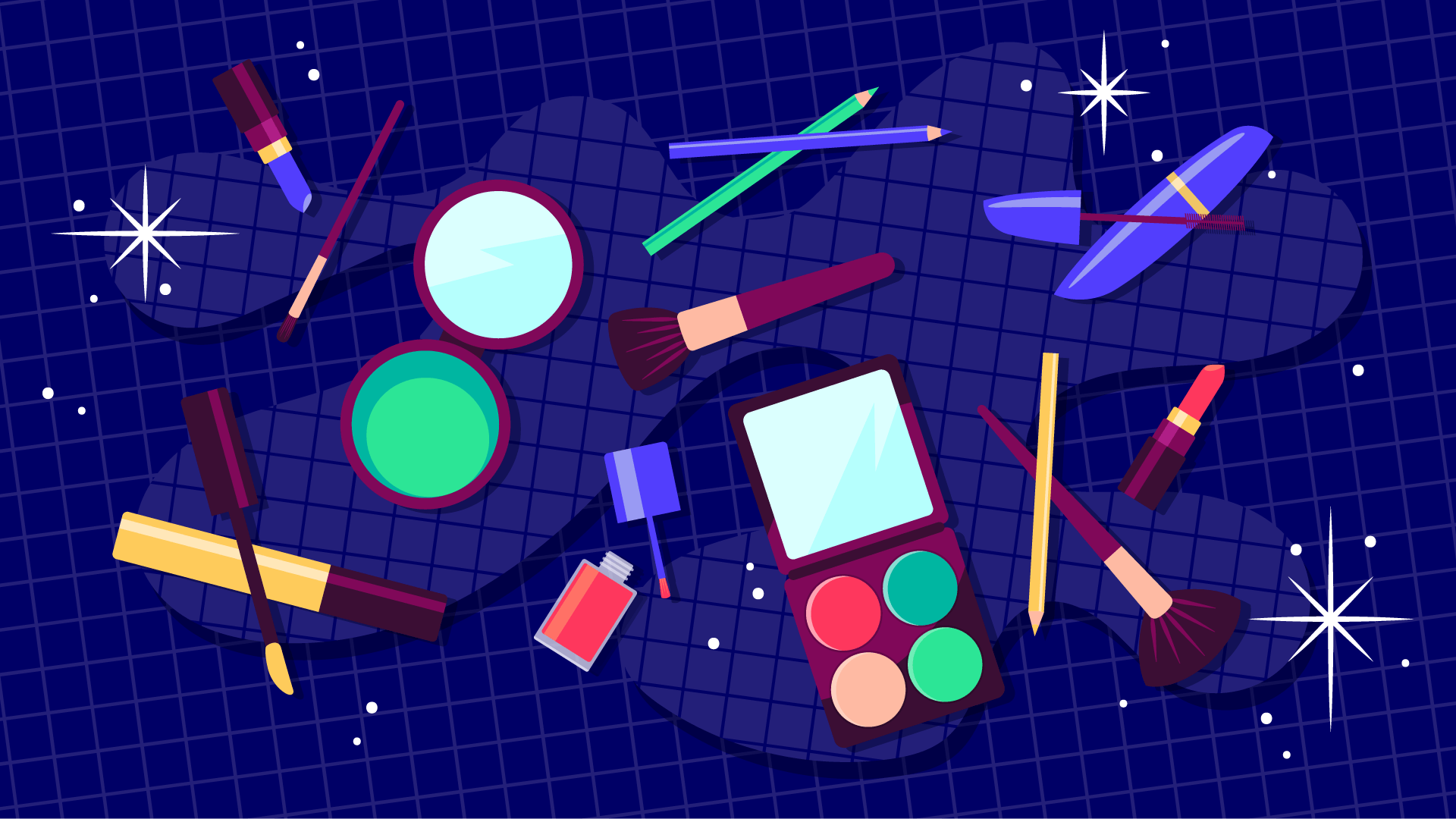 Illustration of makeup products including eyeshadow, brushes, lipstick, eye pencil, mascara, nail polish, etc