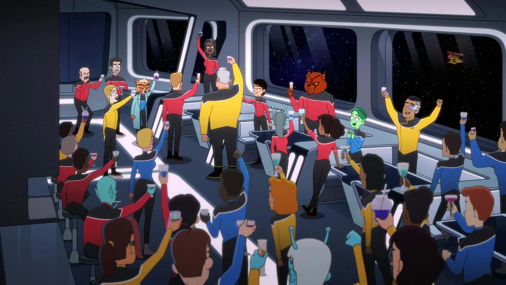 The crew aboard the Cerritos gather in the mess and raise their glass to Captain Freeman who stands on top of a table in 'First First Contact'