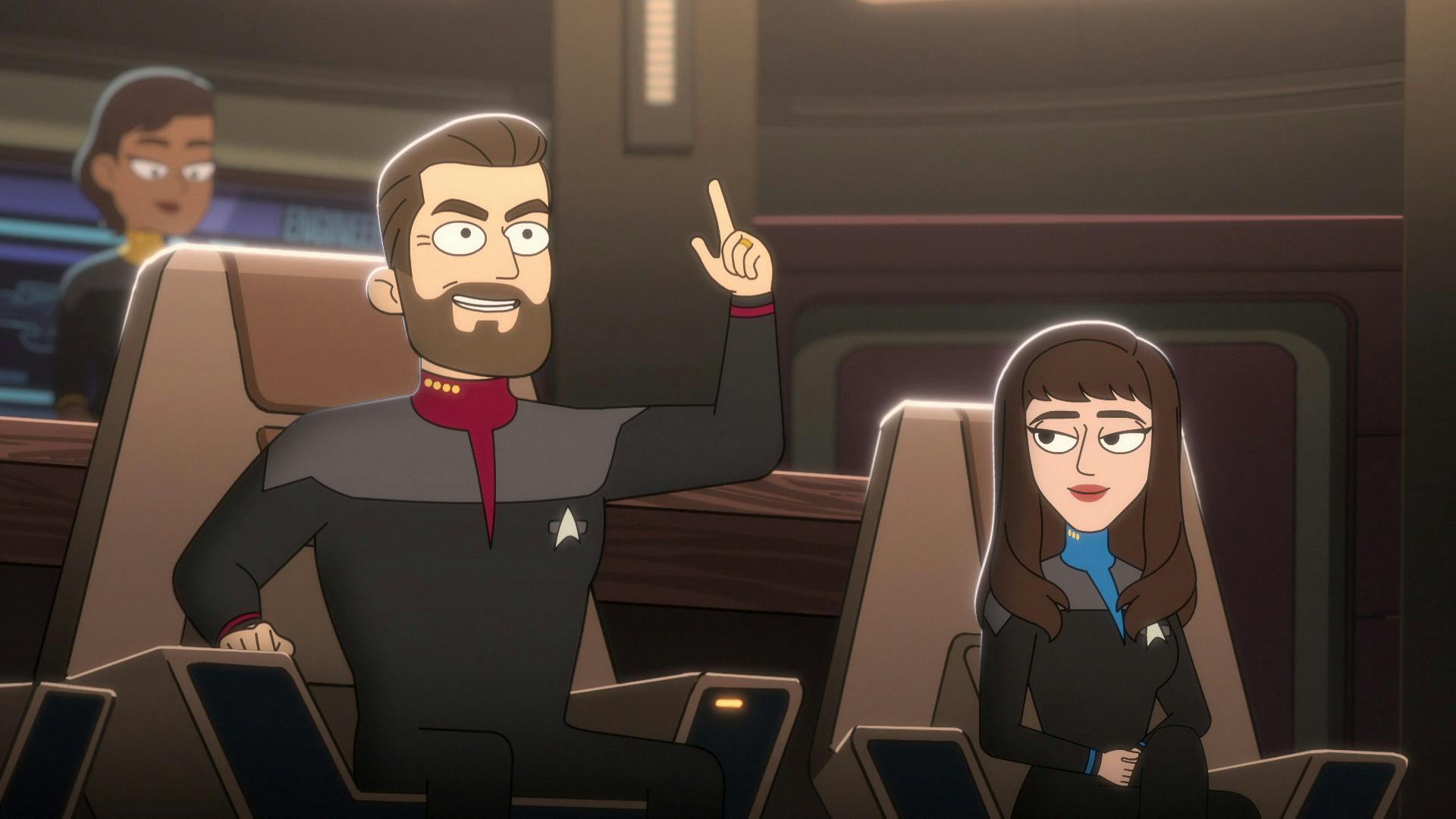 Captain Will Riker and Deanna Troi aboard the U.S.S. Titan offer aid to the Cerritos in 'No Small Parts'