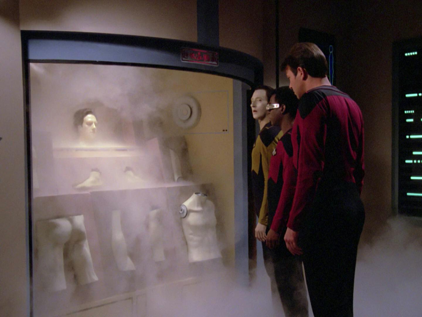 On Omicron Theta, at the lab of Data's discovery, Data, Geordi La Forge and Will Riker find a storage unit for parts for an android identical to Data in 'Datalore'