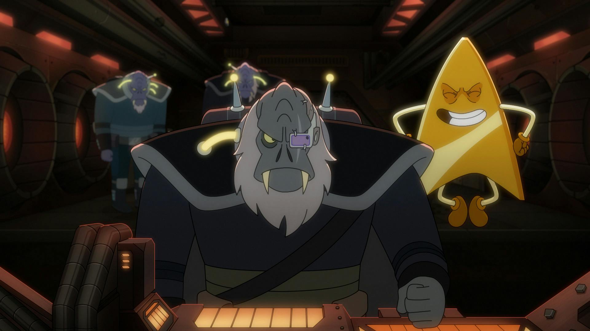 A Drookmani officer is piloting as he sternly looks over his shoulder at a menacing, grinning Badgey with other Drookmani standing behind them in 'A Few Badgeys More'