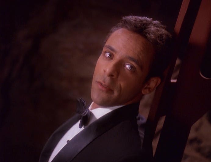 Strapped to a giant laser, Julian Bashir leans over in 'Our Man Bashir'