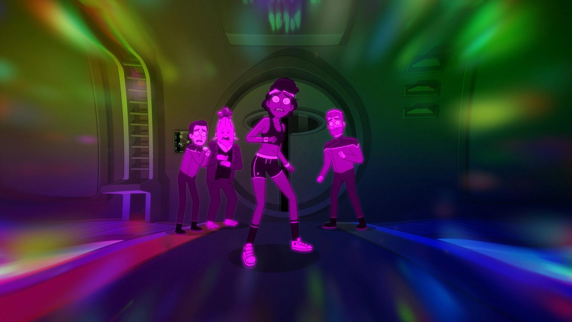 From moopsy's colorful vantage point, it looks at Gary, Narj, Mariner, and Jack Ransom as they all cower in terror in front of an entryway in 'I Have No Bones Yet I Must Flee'
