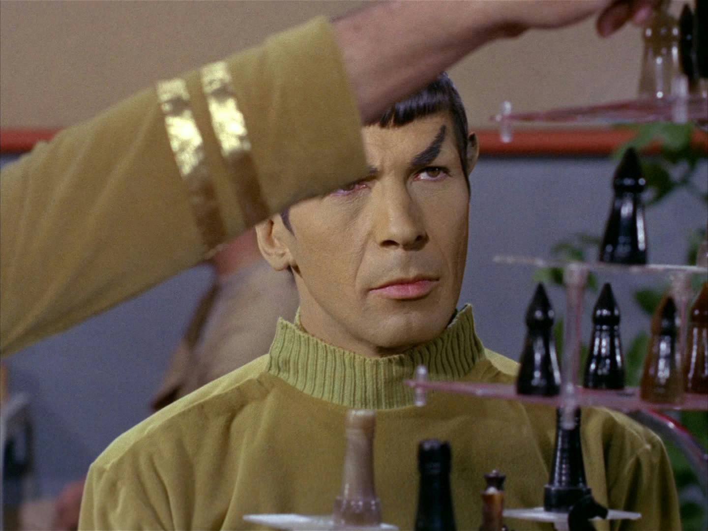 Spock is focused while Kirk makes his move in three-dimensional chess in 'Where No Man Has Gone Before'