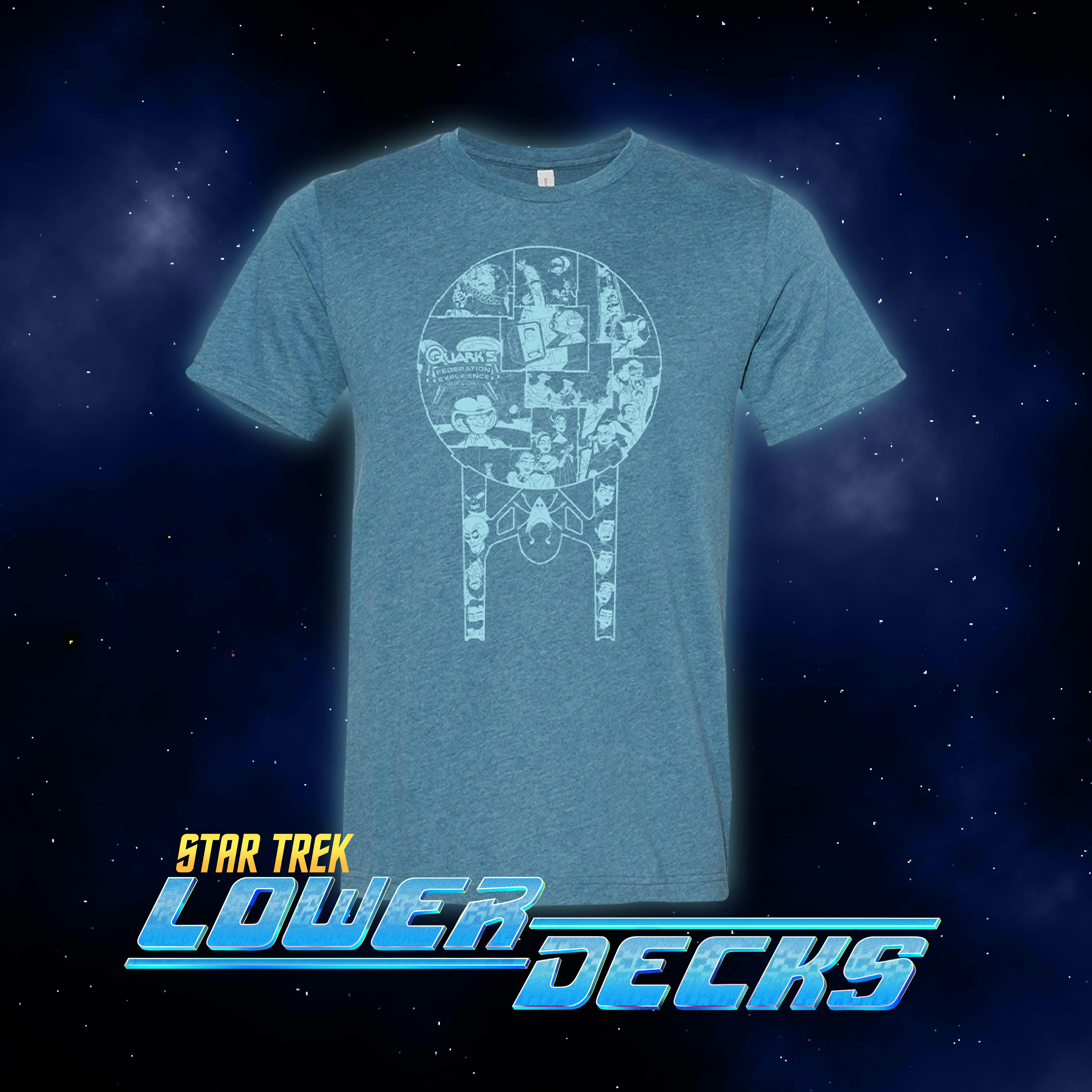 Titmouse's Star Trek: Lower Decks Season 4 Shirt Collective - Week 10 - Old Friends, New Planets - featuring a Federation starship with the Cerritos with our Lower Deckers and scenes from this season including Rom, Agimus, Peanut Hamper, Quark's Federation Experience Franchise, Betazoid spies, Moopsy, and more