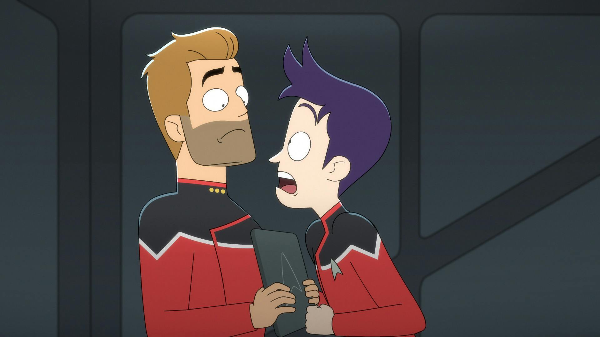 Hopped up on coffee, Boimler excited shouts in Ransom's face that he's going to plan an itinerary for Ferenginar in 'Parth Ferengi's Heart Place'