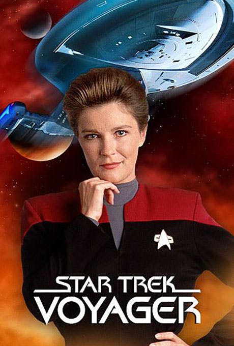 Star Trek: Voyager key art, featuring Captain Janeway in the front with the U.S.S. Voyager in the background.