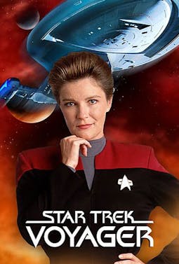 Star Trek: Voyager key art, featuring Captain Janeway in the front with the U.S.S. Voyager in the background.