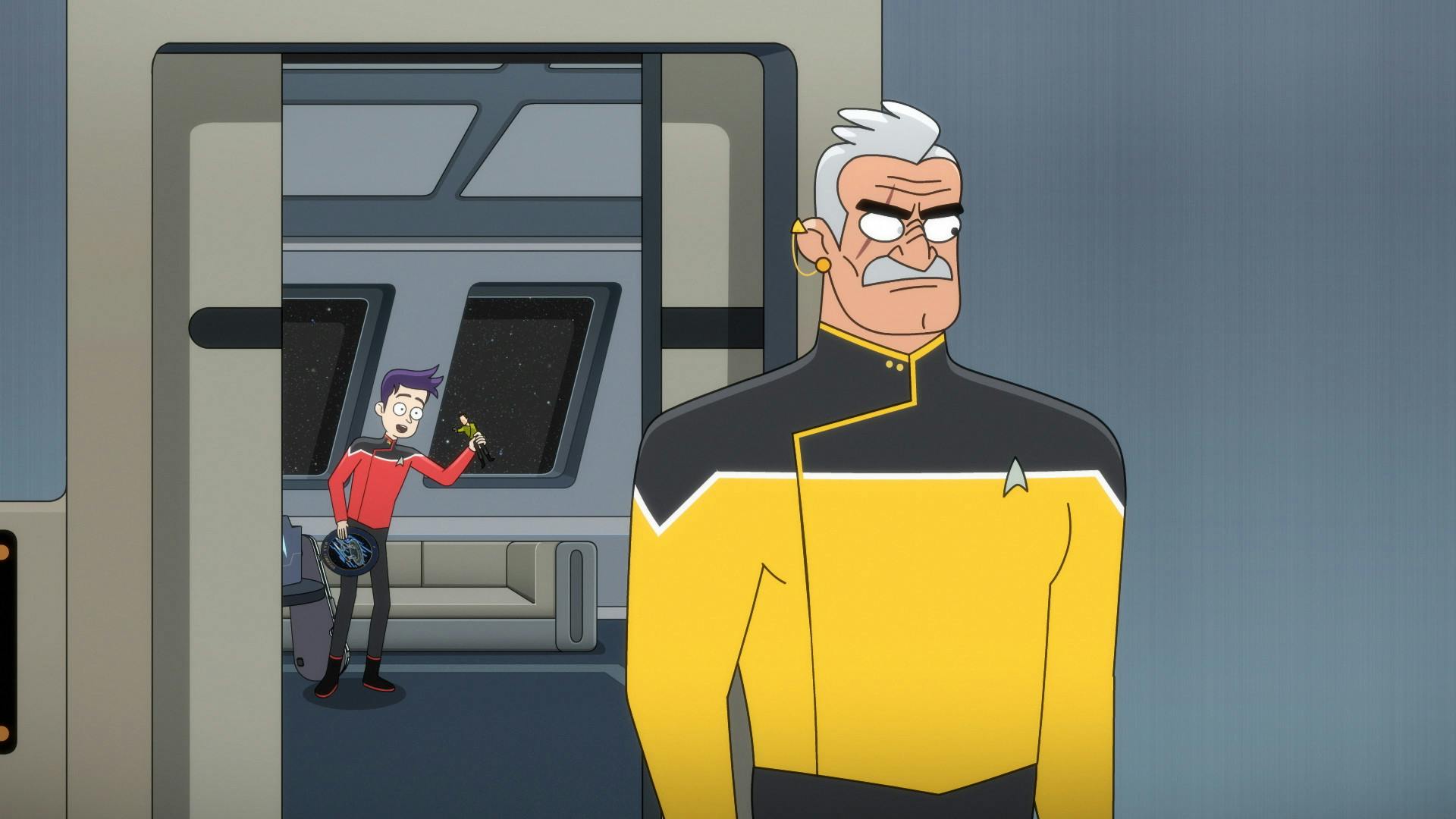 Shaxs exits Boimler's new quarters as he waves while holding his Tom Paris souvenir plate and Mirror Universe Archer action figure in 'I Have No Bones Yet I Must Flee'