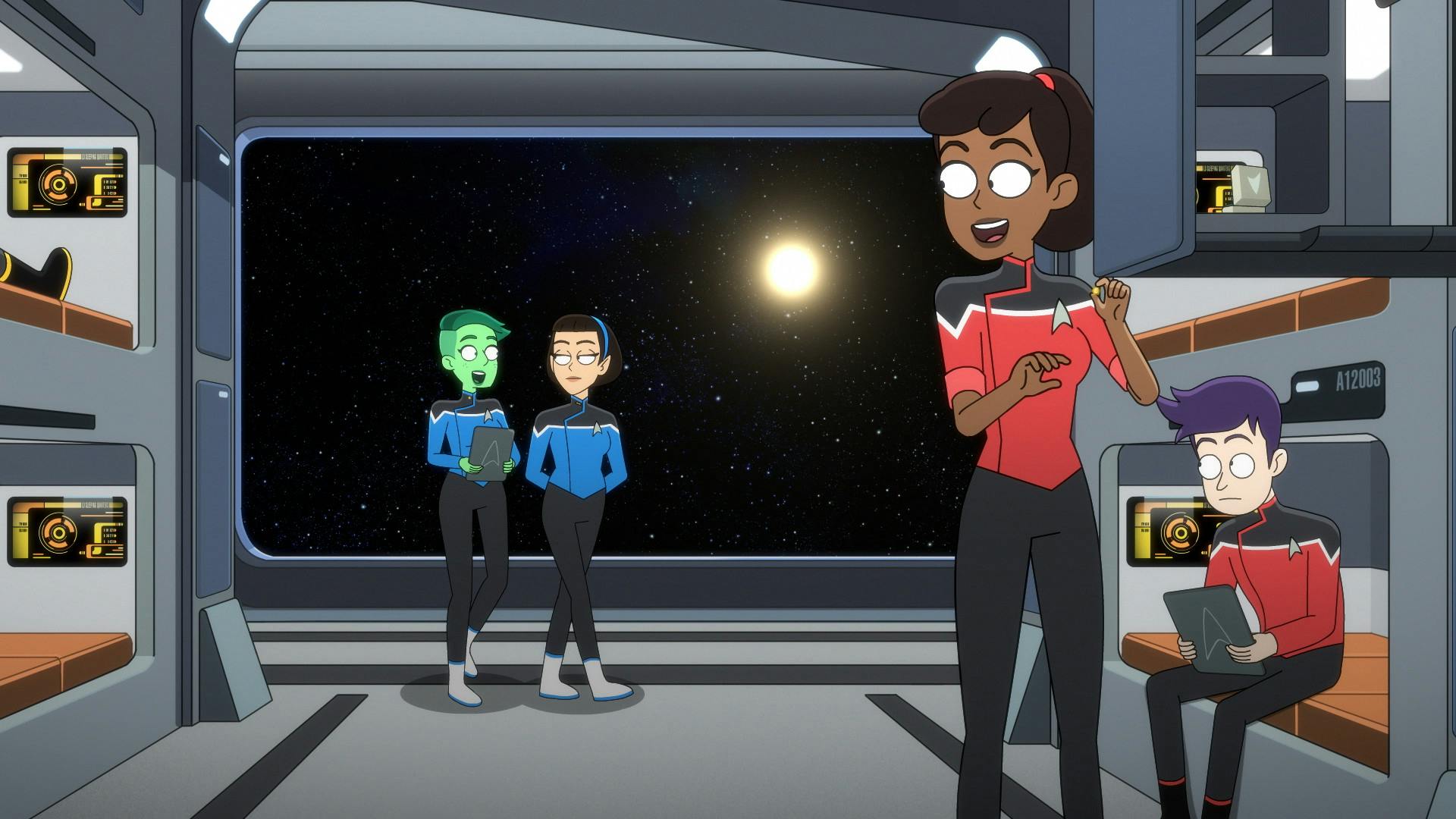 Tendi and T'lyn talking and walking through the lower decks bunks with Boimler sitting on a bunk looking up at them and Mariner turning around to see them in excitement, as seen in Star Trek: Lower Decks 401 'Twovix'
