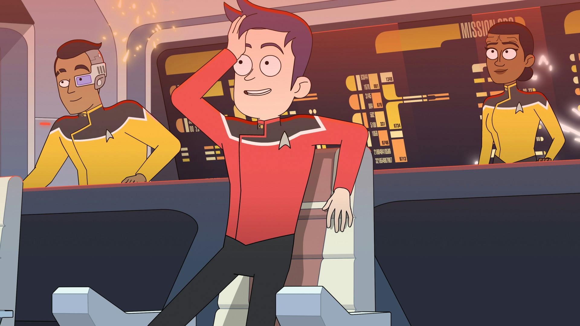 Boimler sits in the captain's chair while the senior crew are on an Orion warship in 'Old Friends, New Planets'
