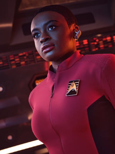 Ensign Nyota Uhura on the bridge of the U.S.S. Enterprise as seen in Star Trek: Strange New Worlds