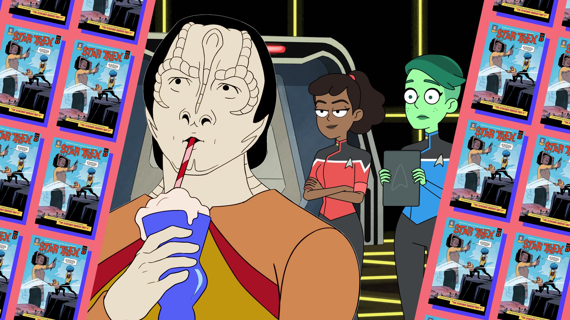 Banner image featuring Mariner and Tendi in the holodeck watching a hologram of Garak drinking a root beer float with a straw, with the comic cover for STAR TREK: THE ANIMATED CELEBRATION PRESENTS THE SCHEIMER BARRIER - Chapter 4