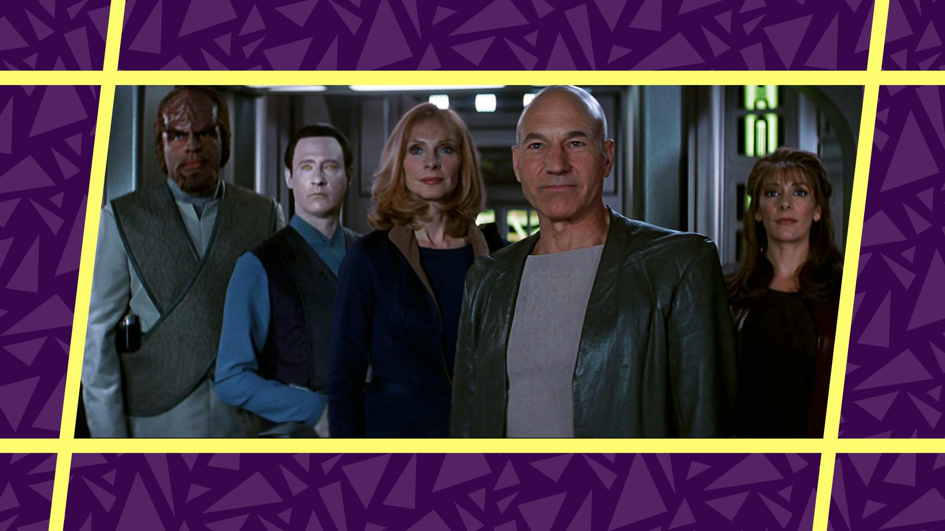 Stylized still from Star Trek Insurrection featuring Jean-Luc Picard, Worf, Data, Beverly Crusher, and Deanna Troi