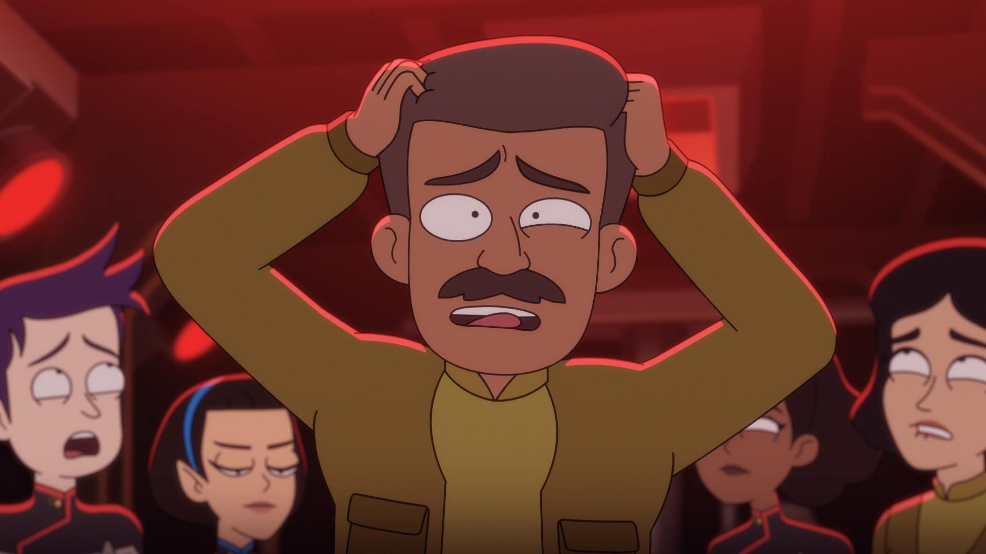 star trek enterprise movie cast Two Outpost scientists are distressed with one raising his hands to his head as Boimler expresses worry and T'Lyn remains emotionless in 'The Inner Fight'