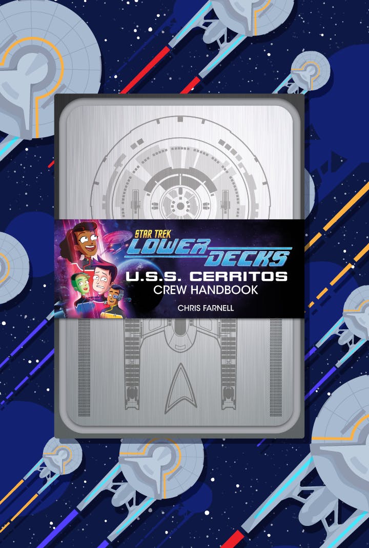 Titan's Star Trek: Lower Decks - U.S.S. Cerritos Handbook cover overlayed on illustrations of the U.S.S. Cerritos entering warp speed