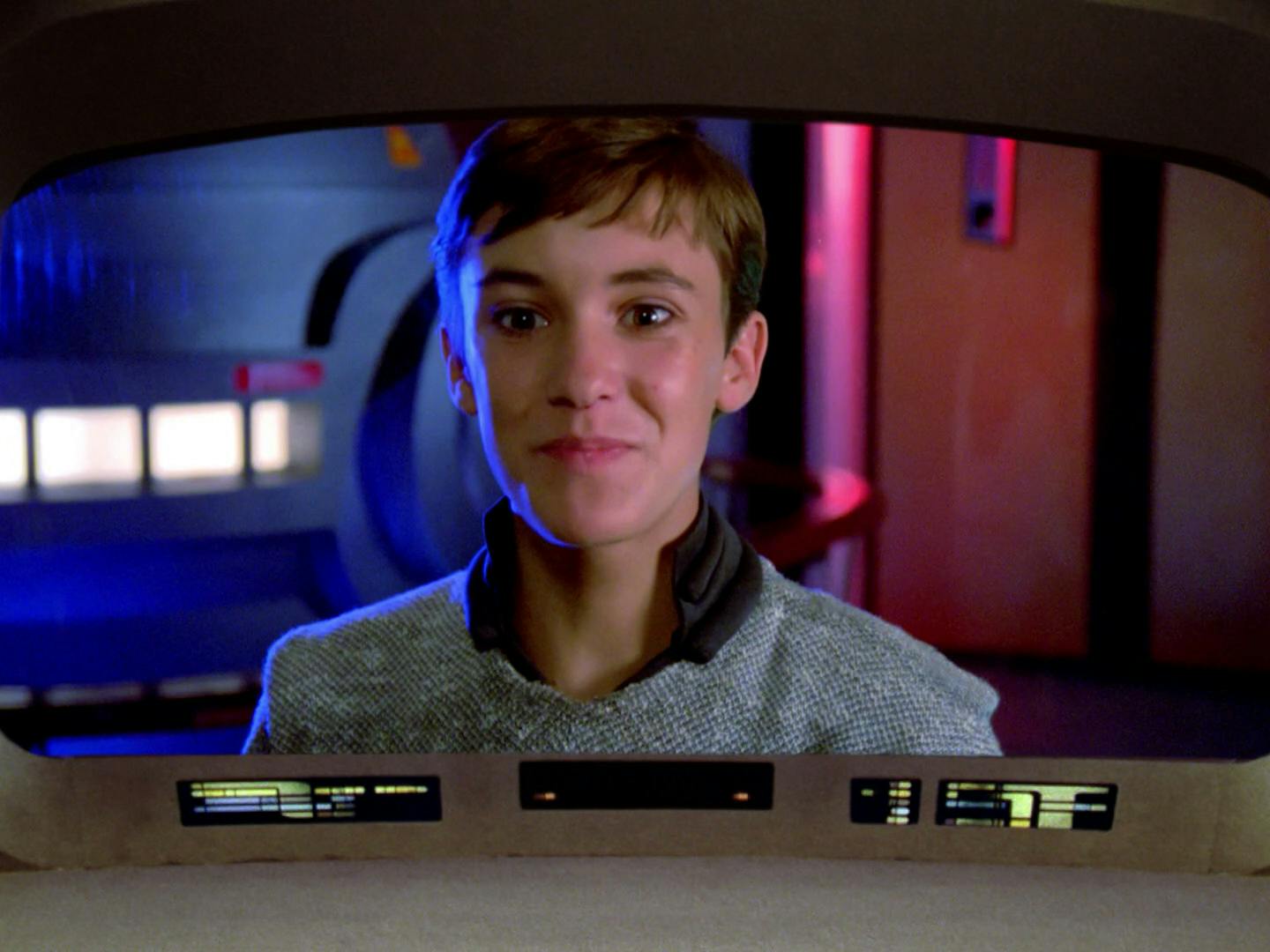 Locking himself in Engineering, Wesley Crusher appears on the viewscreen of the bridge in 'The Naked Now'