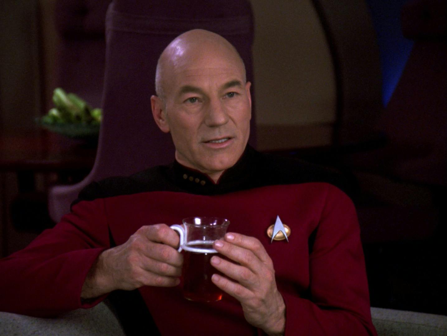 In his quarters, Picard holds a cup of hot earl grey in both hands in 'Bloodlines'