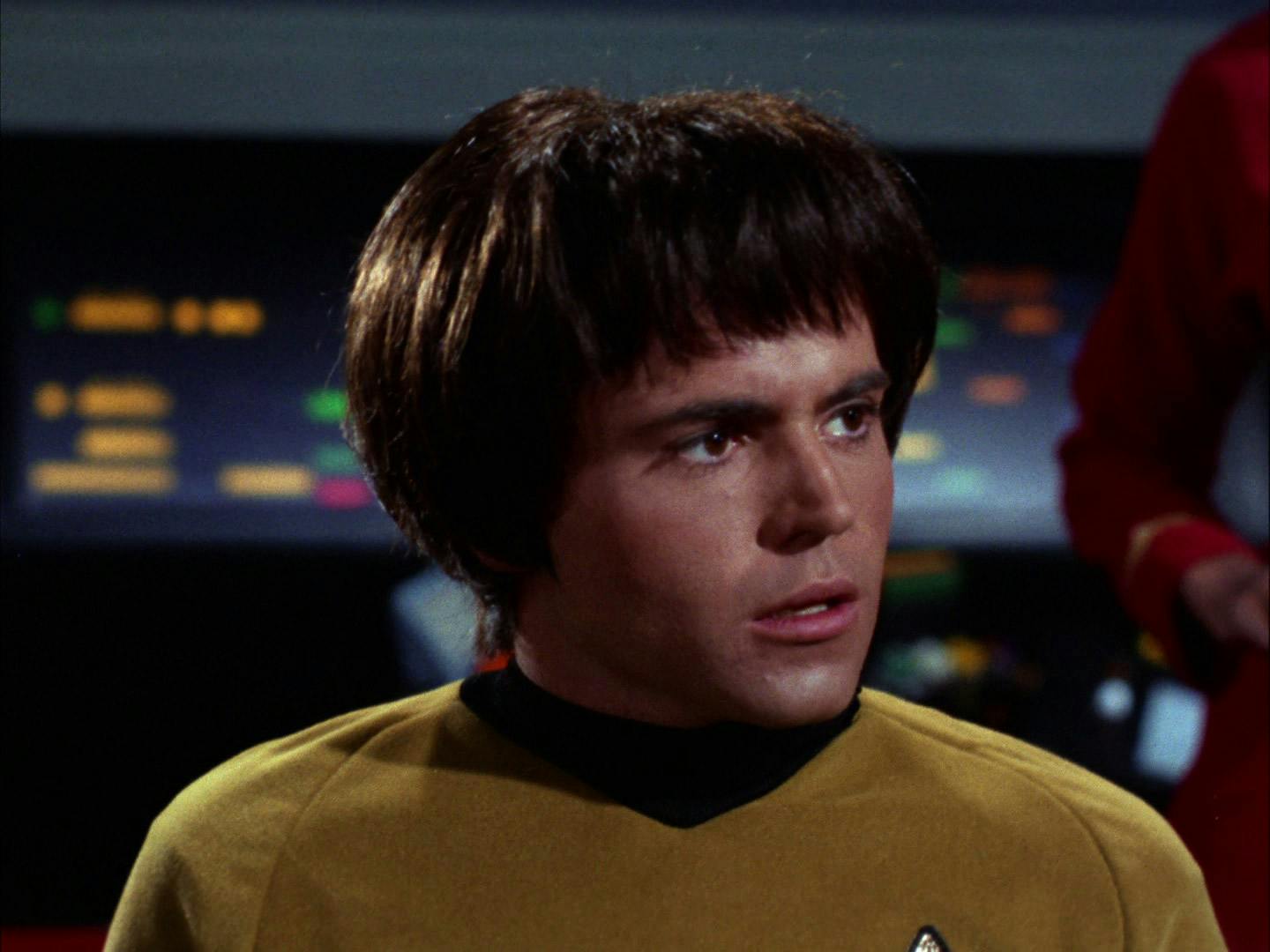 Chekov incredulously looks over at DeSalle in the center seat after he questions his scanner readings in 'Catspaw'