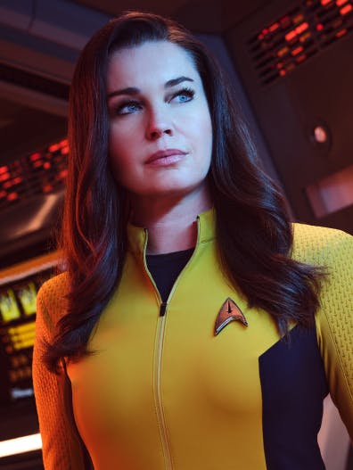 Una Chin-Riley, Number One of the U.S.S. Enterprise, stands on the bridge as seen in Star Trek: Strange New Worlds